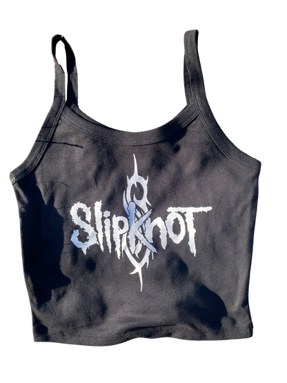 A grey crop top with the word "Slipknot" printed on it.