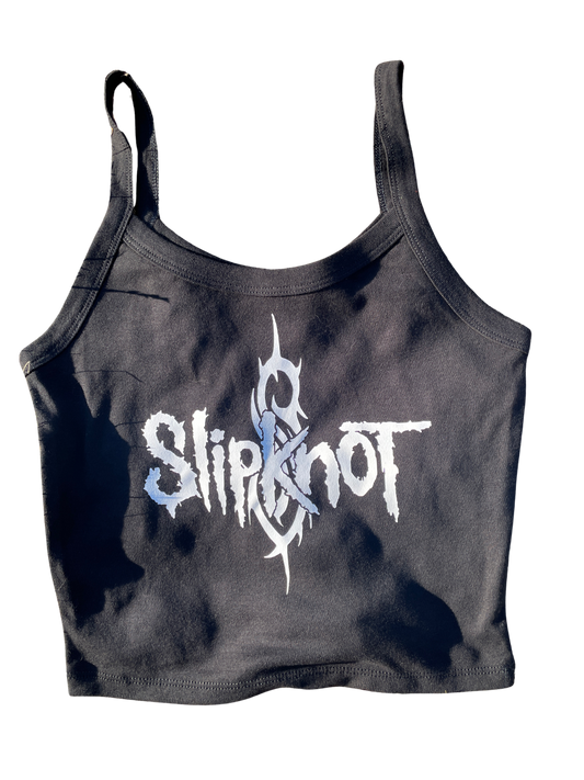 A grey crop top with the word "Slipknot" printed on it.