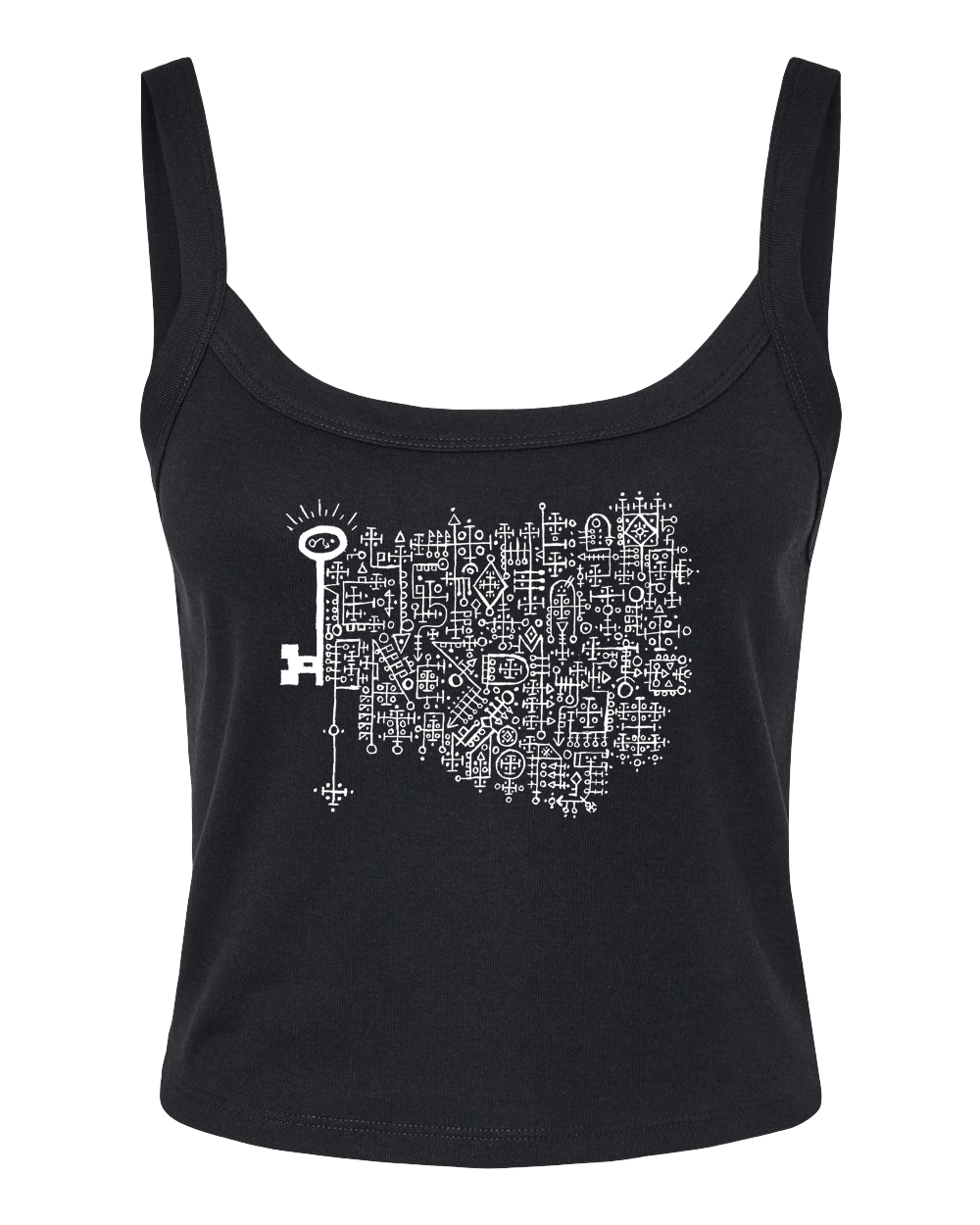 Black tank top with the Keys to the Astral Gates and Mystic Doors logo in bold white ink.