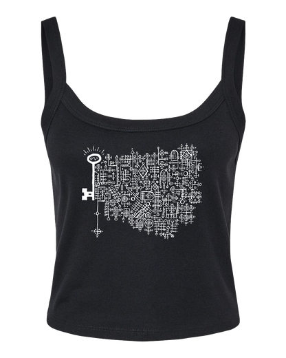 Black tank top with the Keys to the Astral Gates and Mystic Doors logo in bold white ink.