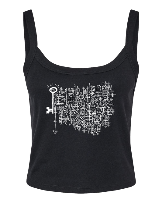 Black tank top with the Keys to the Astral Gates and Mystic Doors logo in bold white ink.