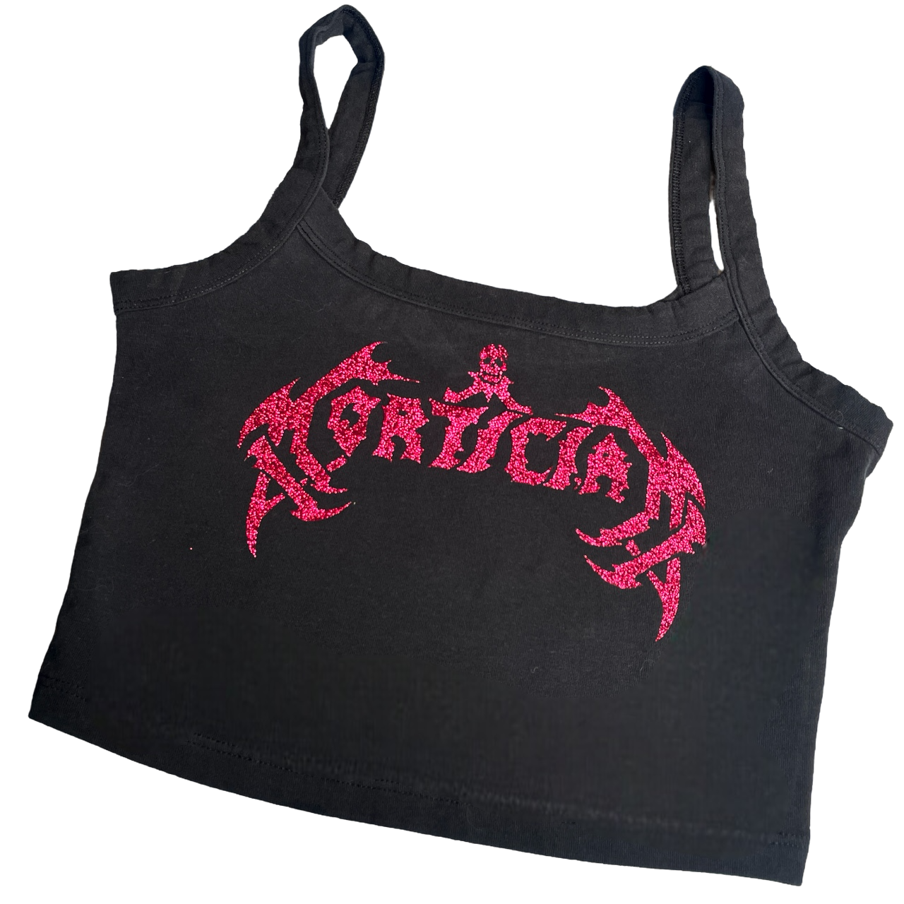 a black tank top with red lettering on it