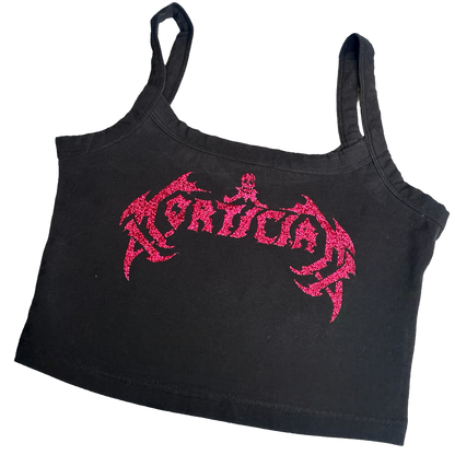 a black tank top with red lettering on it