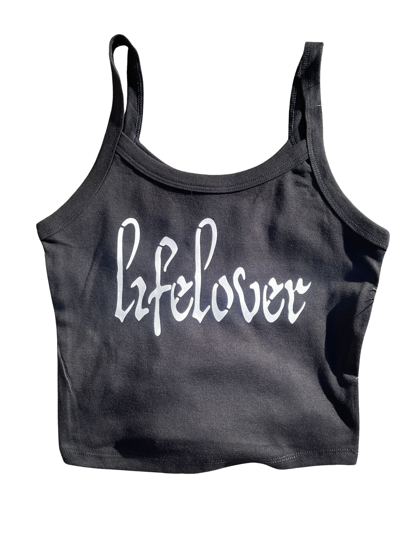 A gray crop top with the word "Lifelover" printed on it in white text.