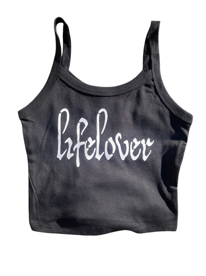 A gray crop top with the word "Lifelover" printed on it in white text.