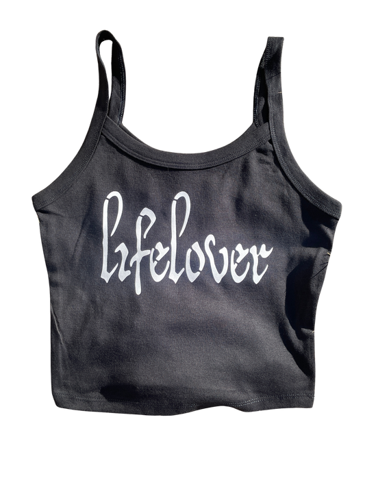 A gray crop top with the word "Lifelover" printed on it in white text.