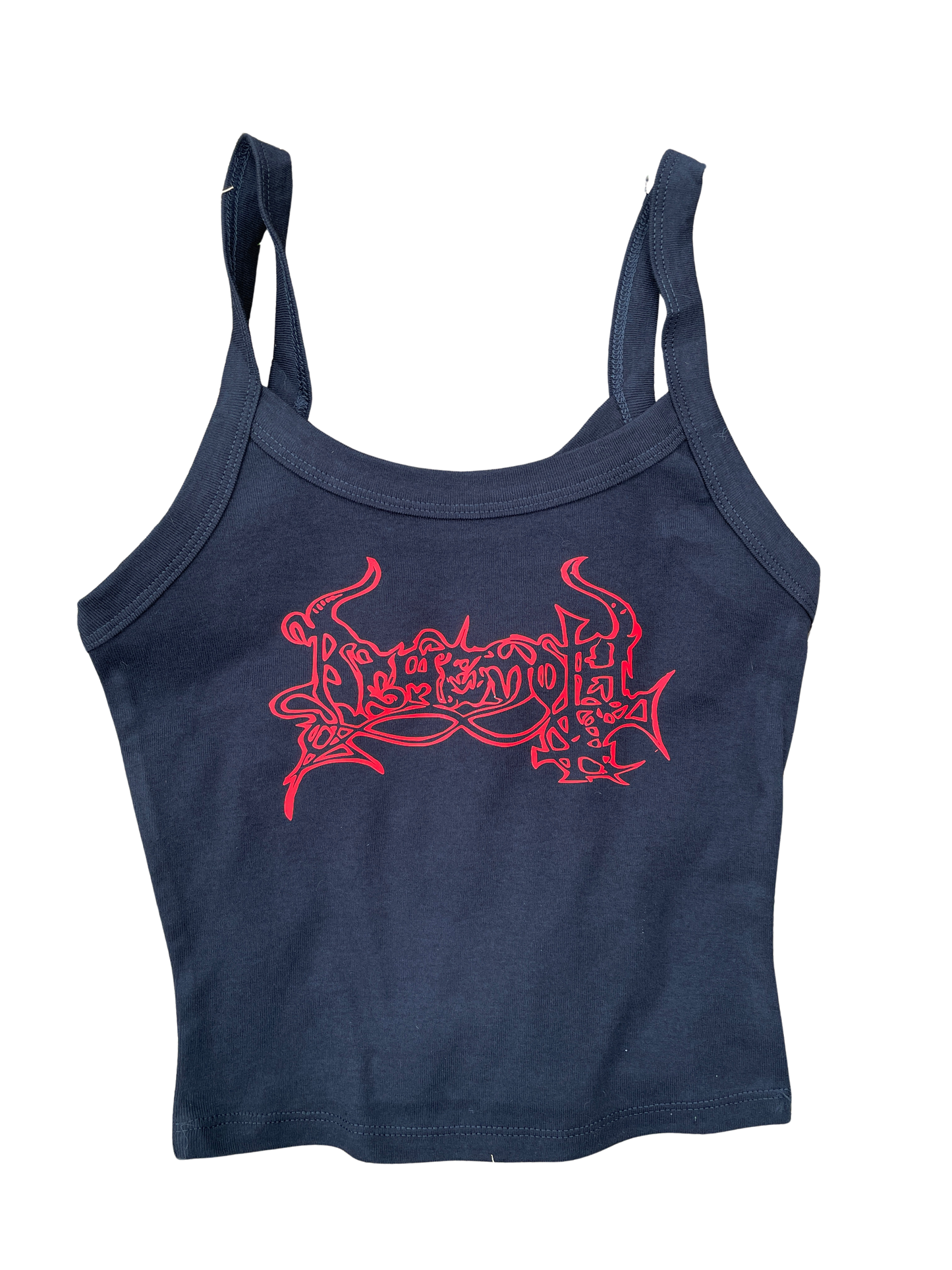 A dark blue tank top with a red graphic design on it.