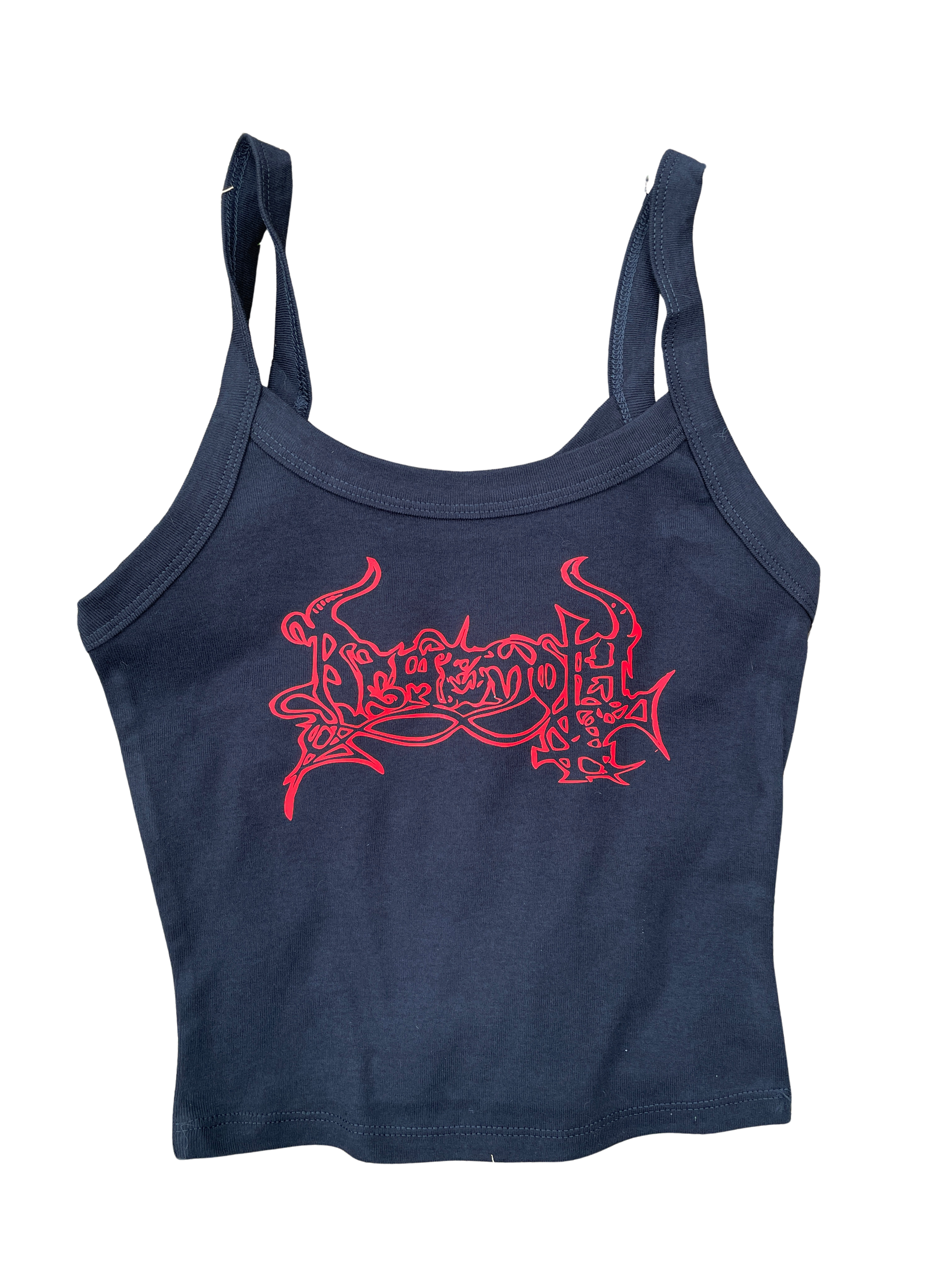 A dark blue tank top with a red graphic design on it.