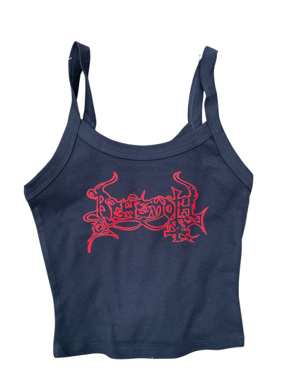 A dark blue tank top with a red graphic design on it.
