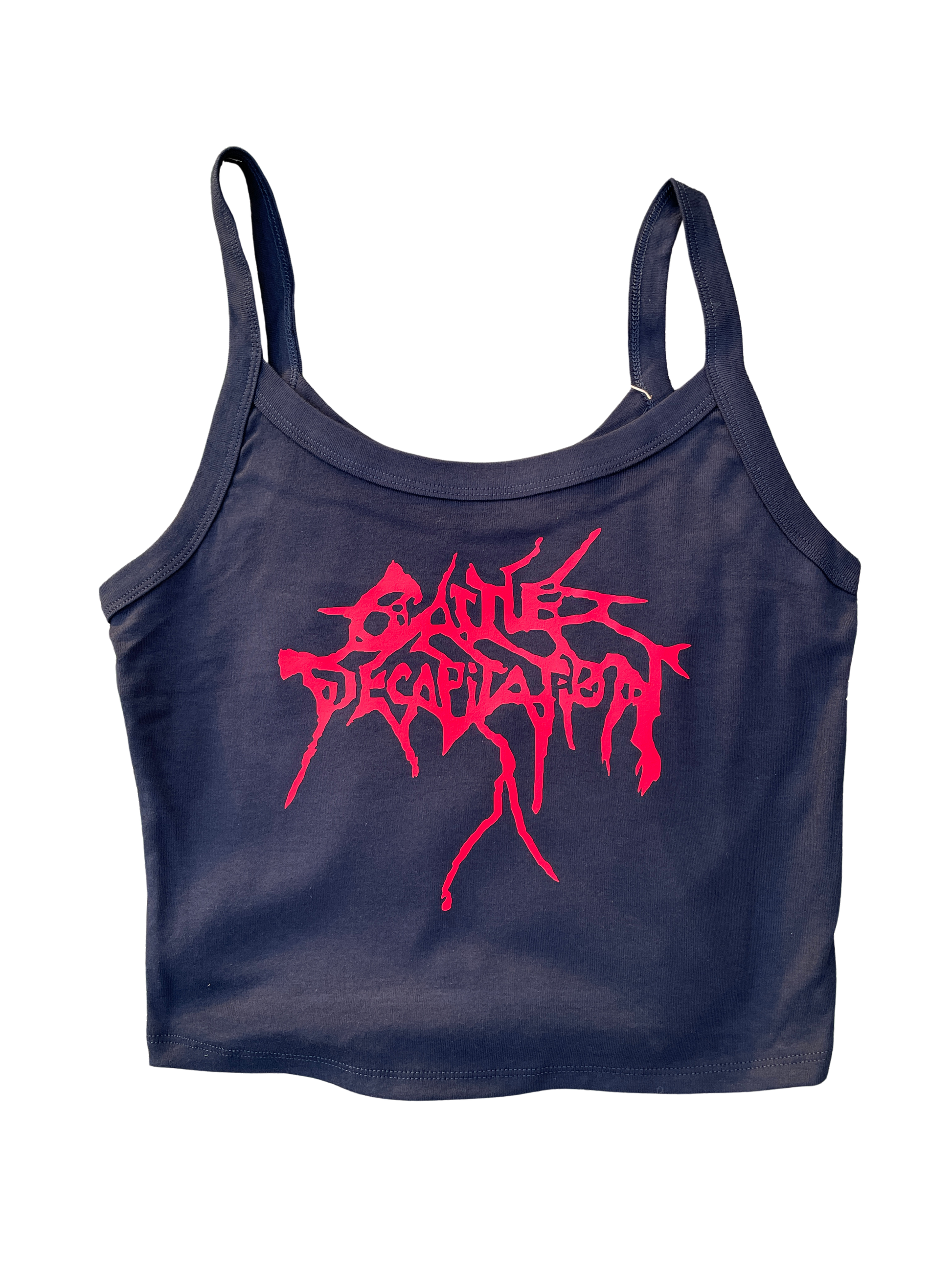 A dark blue crop top with a pink graphic design on it.