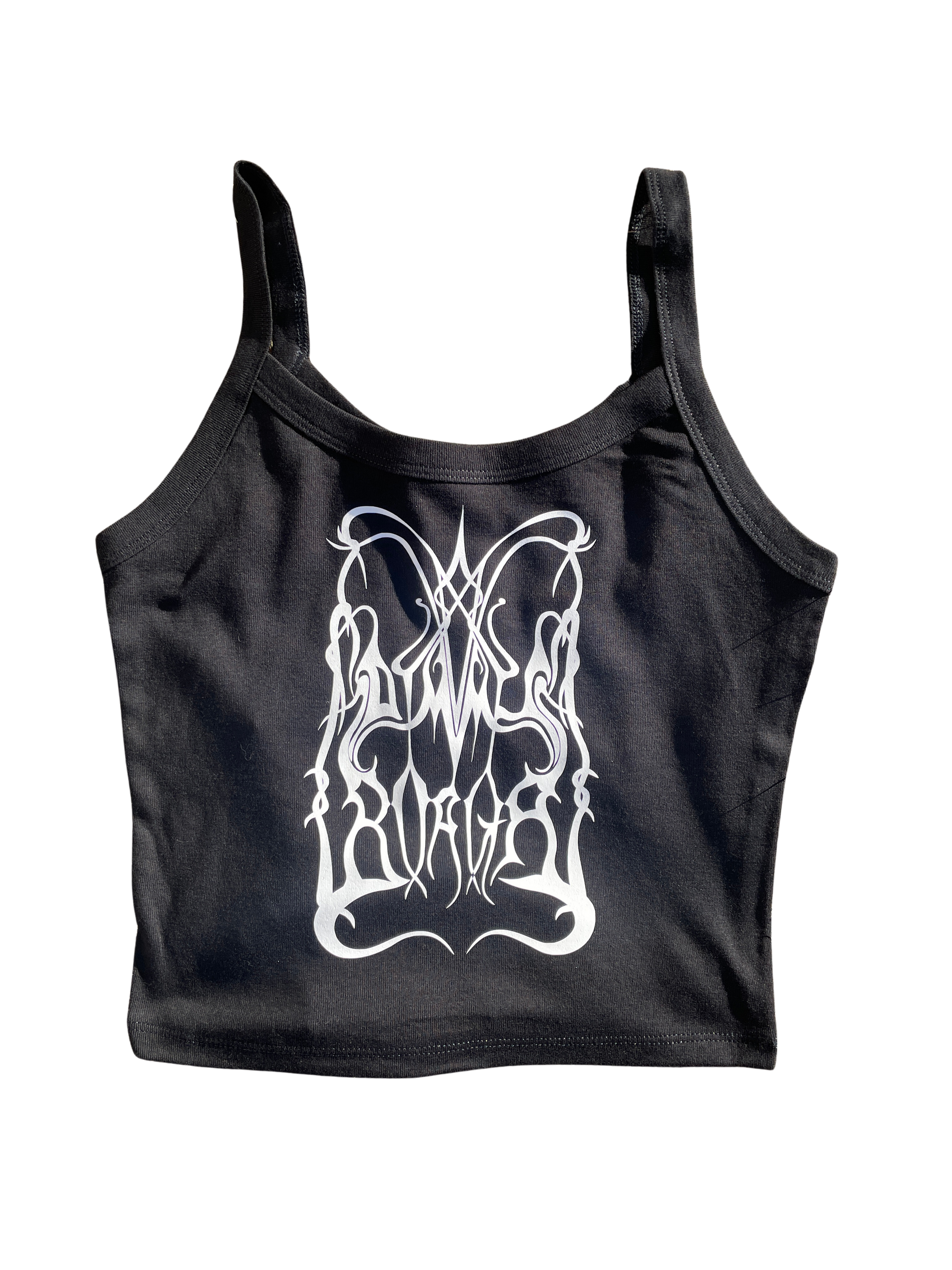 A black crop top with a white graphic design on it.