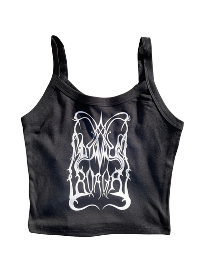 A black crop top with a white graphic design on it.