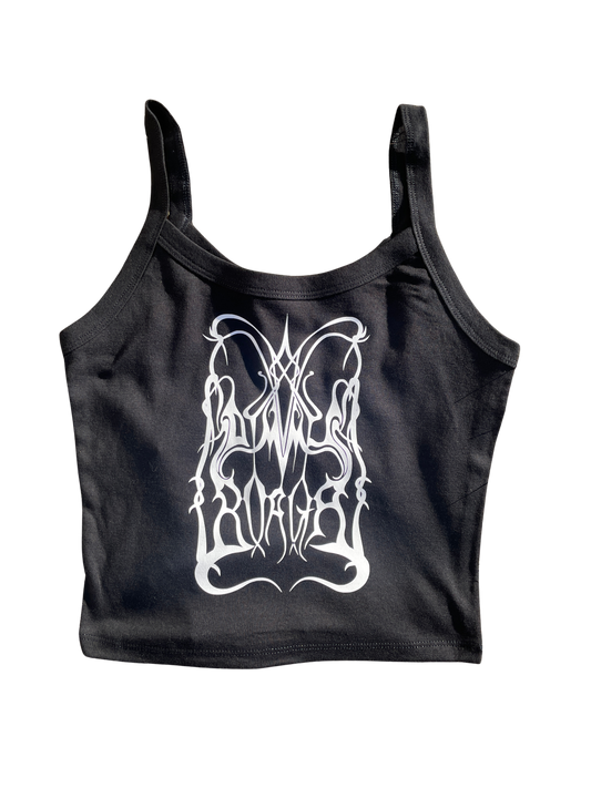 A black crop top with a white graphic design on it.