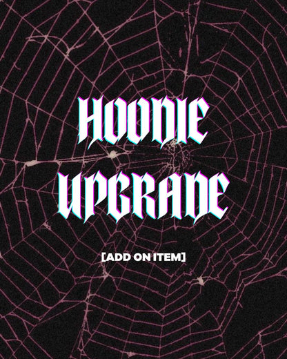 a dark spider web with the text "HOODIE UPGRADE" overlaid on it.