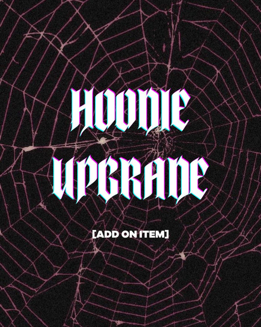 a dark spider web with the text "HOODIE UPGRADE" overlaid on it.