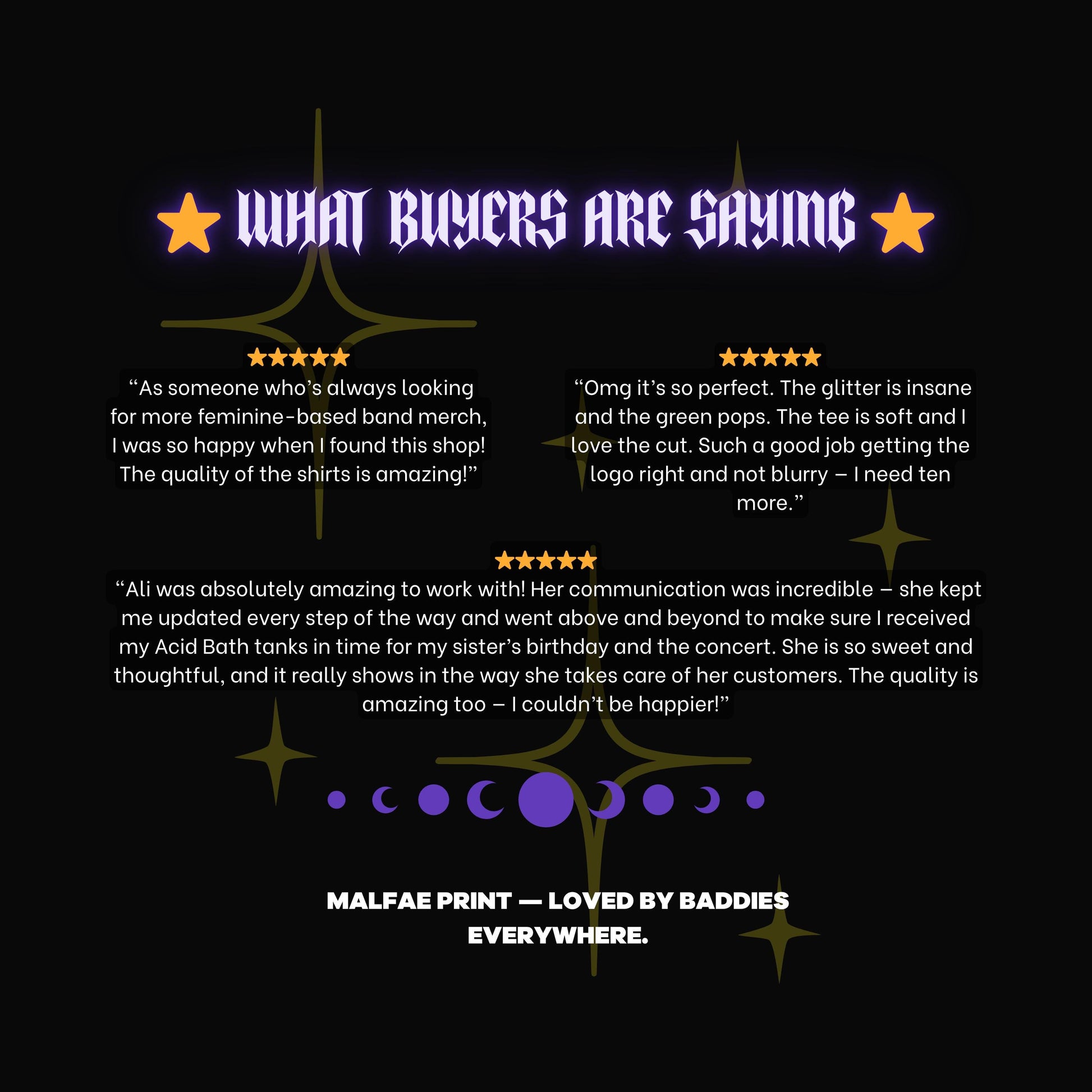 The image is a collage of three images featuring a starry background with text and stars. The text includes positive feedback from customers about the quality of the shirts and the communication between the seller and the customer.