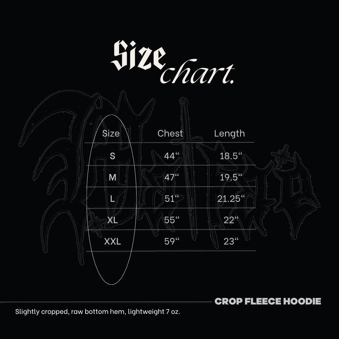 The image is a size chart for a crop fleece hoodie, showing the measurements for different sizes: S, M, L, XL, and XXL. The chart indicates that the hoodie is slightly cropped, raw bottom hem, and lightweight, with measurements in ounces.