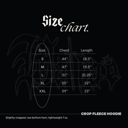 The image is a size chart for a crop fleece hoodie, showing the measurements for different sizes: S, M, L, XL, and XXL. The chart indicates that the hoodie is slightly cropped, raw bottom hem, and lightweight, with measurements in ounces.