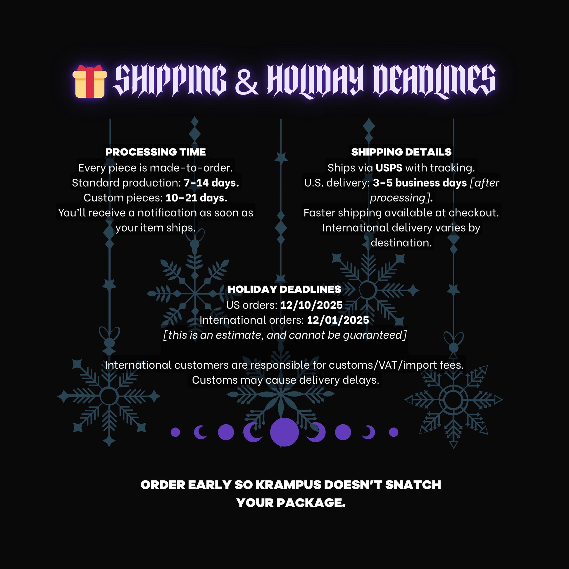 The image is a shipping and holiday deadlines flyer with information about shipping and holiday deadlines.