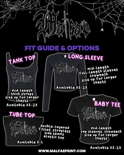 The image is a promotional poster for a clothing store, featuring various tank tops and long sleeves in different sizes and styles.